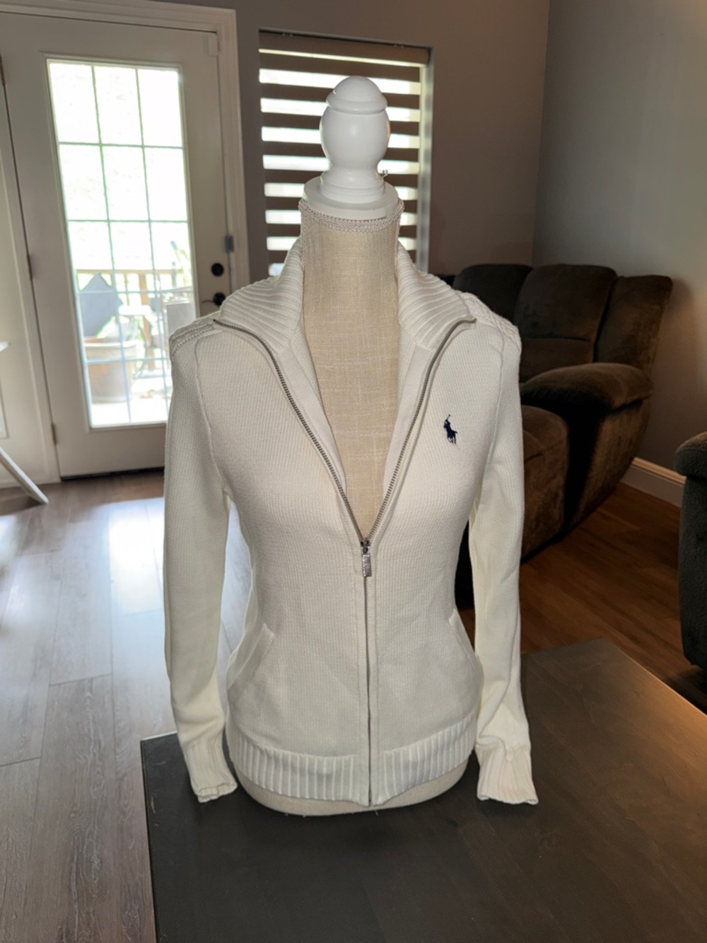 Ralph Lauren Off-White Zip-Up Polo Cardigan with Embroidered Pony
